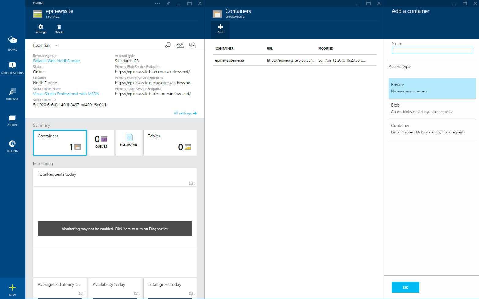 Azure new Storage container view