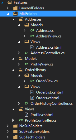 Sub-tech and sub-feature folder structure in the solution explorer