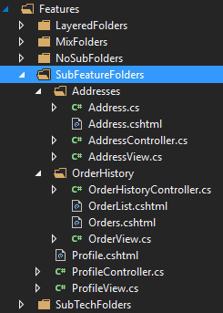 Sub-feature folder structure in the solution explorer